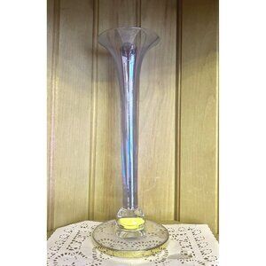 Vintage Blue Stretch Iridescent Tall Contemporary Bud Vase Gold Base Art Glass